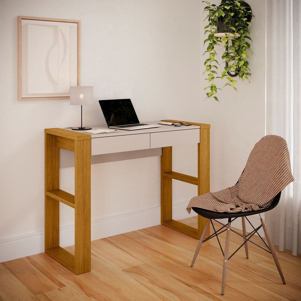 Escrivaninha 100% Mdf com 2 Gavetas Brisa Carvalho Ouro / Off White