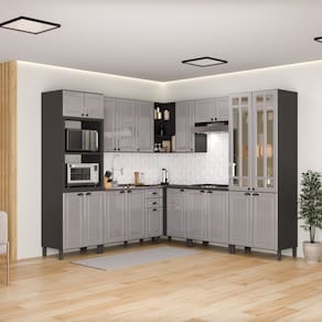 Cozinha Completa de Canto sem Tampo Vidro 20 Portas 2 Gavetas Paris Cinza/Titânio