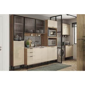 Cozinha Completa Alpha 6 Peças (2Aéreos+2Balcões+1Paneleiro+1TorreQuente) C6P106 Freijo/Off White - Carraro