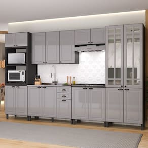 Cozinha Completa 6 Peças com Vidro sem Tampo 18 Portas 2 Gavetas Paris Cinza / Titânio