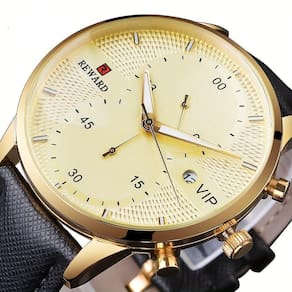 Relógio Preto Dourado De Luxo - Cronômetro Com Pulseira De Couro Dourado