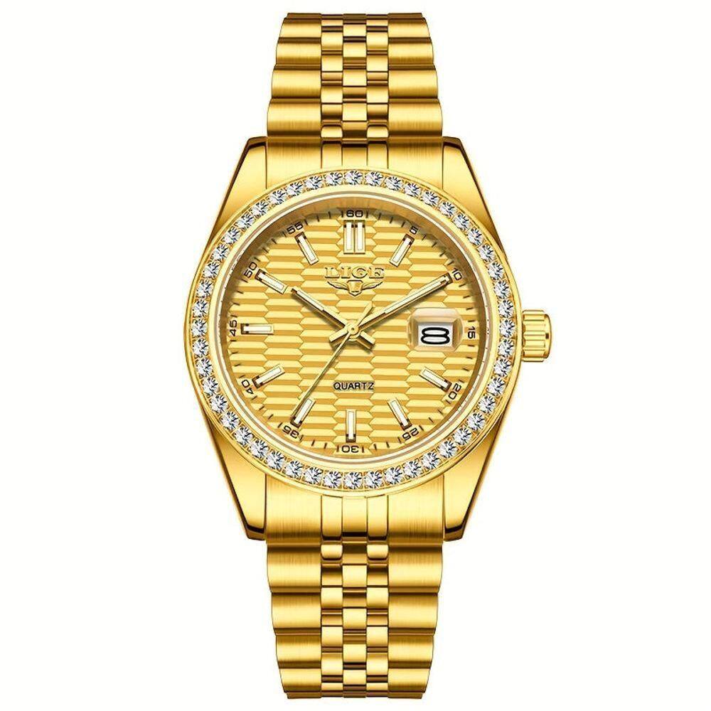 Relógio - Estilo Clássico, Mostrador Luminoso, Pulseira De Aço Inoxidável Dourado