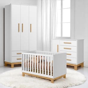 Conjunto Infantil Branco Acetinado: Berço Mini Cama + Cômoda + Guarda-roupa