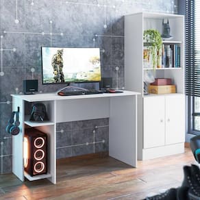 Mesa P/ Escritório E Gamer Branco/branco ( + Armario Gamer Branco/branco (
