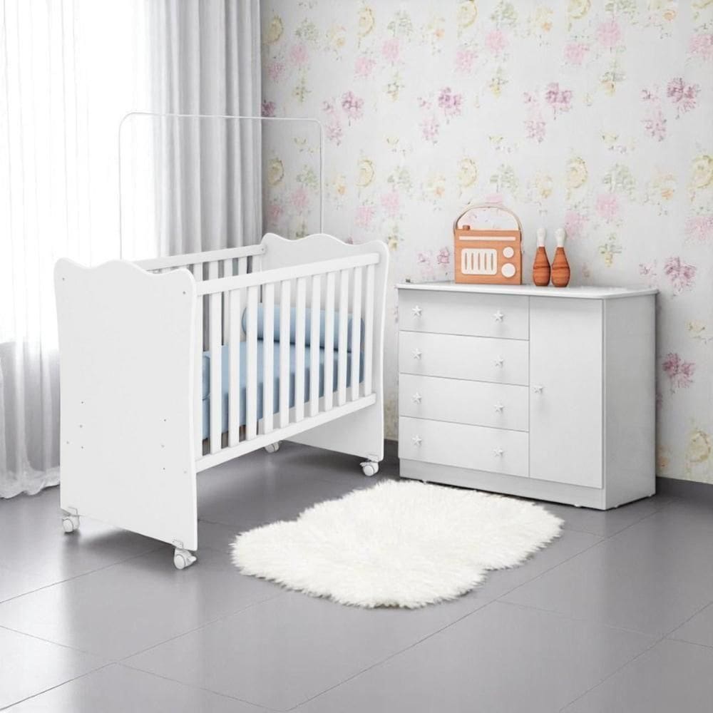 Conjunto Infantil Doce Sonho Branco/branco: Berço Doce Sonho Kit Rodízios Cômoda Doce Sonho Guarda-roupa Doce Sonho
