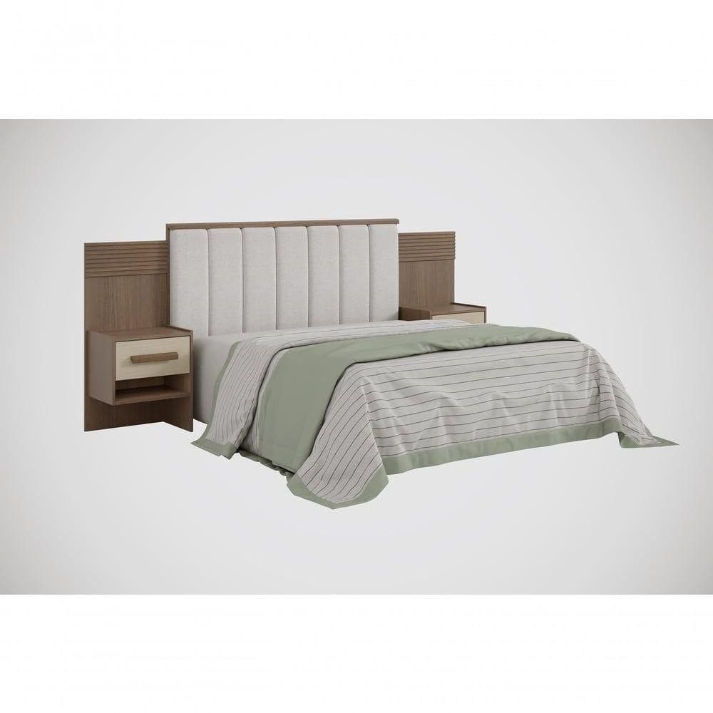 Cabeceira Para Cama Queen Size Ripada Irís Estofada Com 2 Mesas De Cabeceira D Doro Castanho/linho/ripado