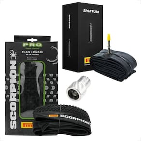 Pneu Pirelli Scorpion Aro 29 x 2.20 Kevlar Sem arame Cravudo Mtb + Camara Pirelli Bico fino + Adaptador valvula