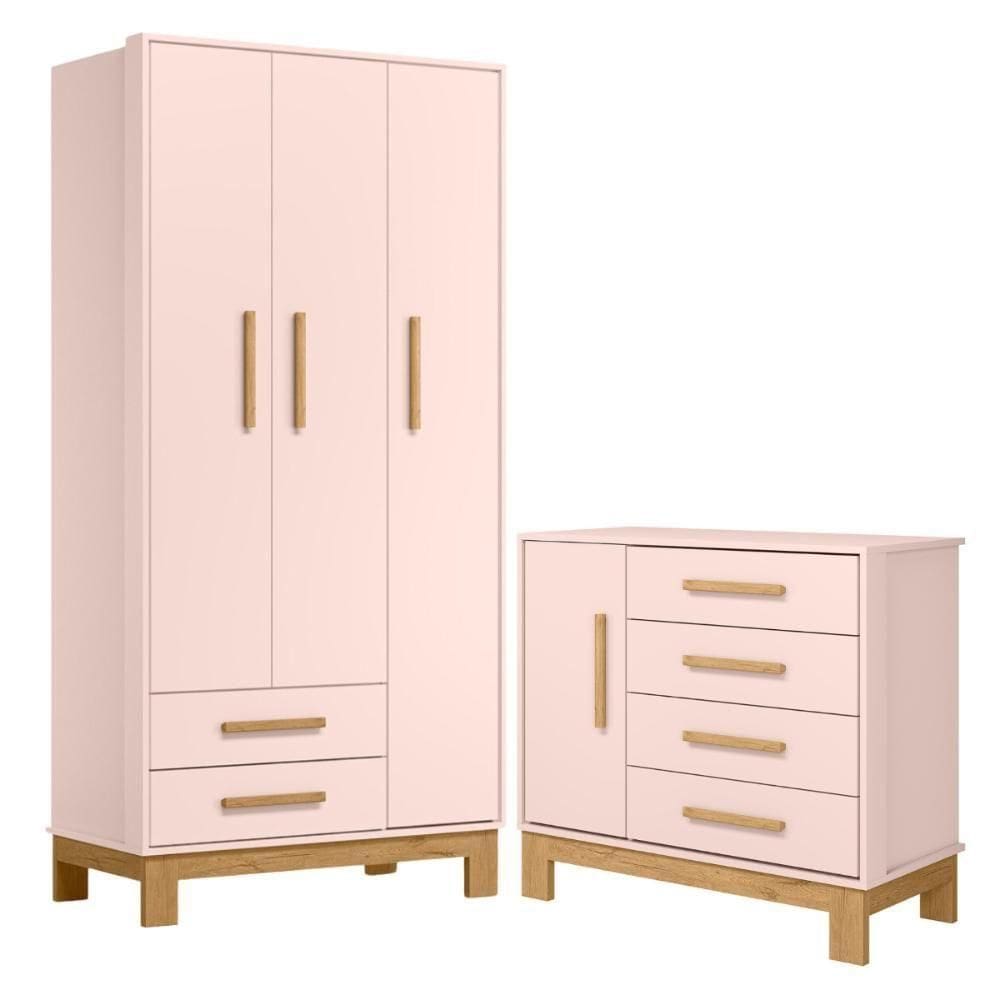 Comoda Sap 1pt/4gav Slim Rosa Acetinado-g. Roupa 3pts/2gv Slim Rosa Acetinado