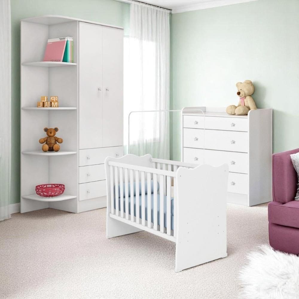 Conjunto Infantil Doce Sonho Branco/branco: Berço Doce Sonho + Cômoda Doce Sonho + Guarda-roupa Doce Sonho