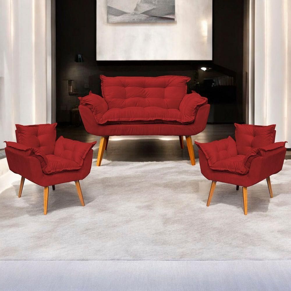 Kit Namoradeira Decorativa + 2 Poltronas Para Sala Recepção Manicure Consultório Alice Suede