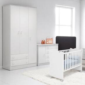 Conjunto Infantil Doce Sonho Branco: Berço Doce Sonho + Kit Rodízios + Cômoda Doce Sonho + Guarda-roupa Doce Sonho