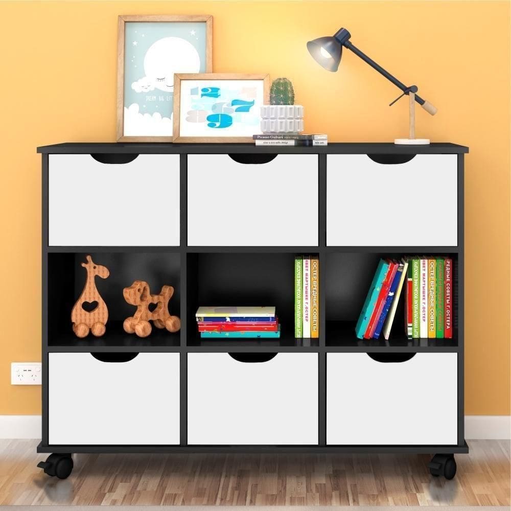Nicho Organizador Com Rodízios Preto ( + 2 Kits 3 Gavetas Brancas (