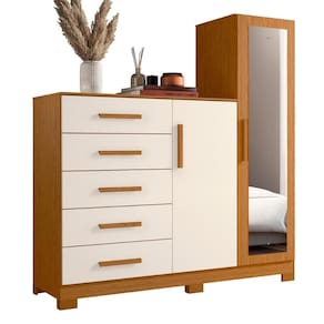 Comoda New Master Quarto Com 5 Gavetas 2 Portas E Espelho Cinamomo/Off White