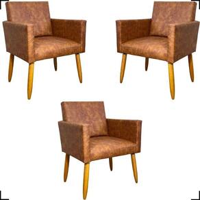 Kit 3 Poltronas Decorativa Para Sala Recepção Consultório Nina Corino Cores Pé Palito 30 Cm Castanho