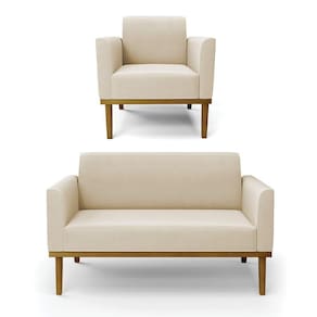 Sofá Namoradeira Com Poltrona Base De Madeira Fixa Castanho Marisa Suede Bege D03 - D?rossi