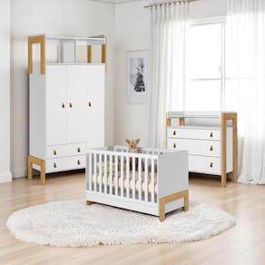 Conjunto Infantil Branco Acetinado: Berço Mini Cama + Cômoda + Guarda-roupa 3 Portas 2 Gavetas