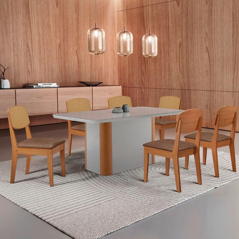 Mesa De Jantar Isadora 180cm Tampo Mdf Vidro Com 6 Cadeiras Tork /off / /serig Off