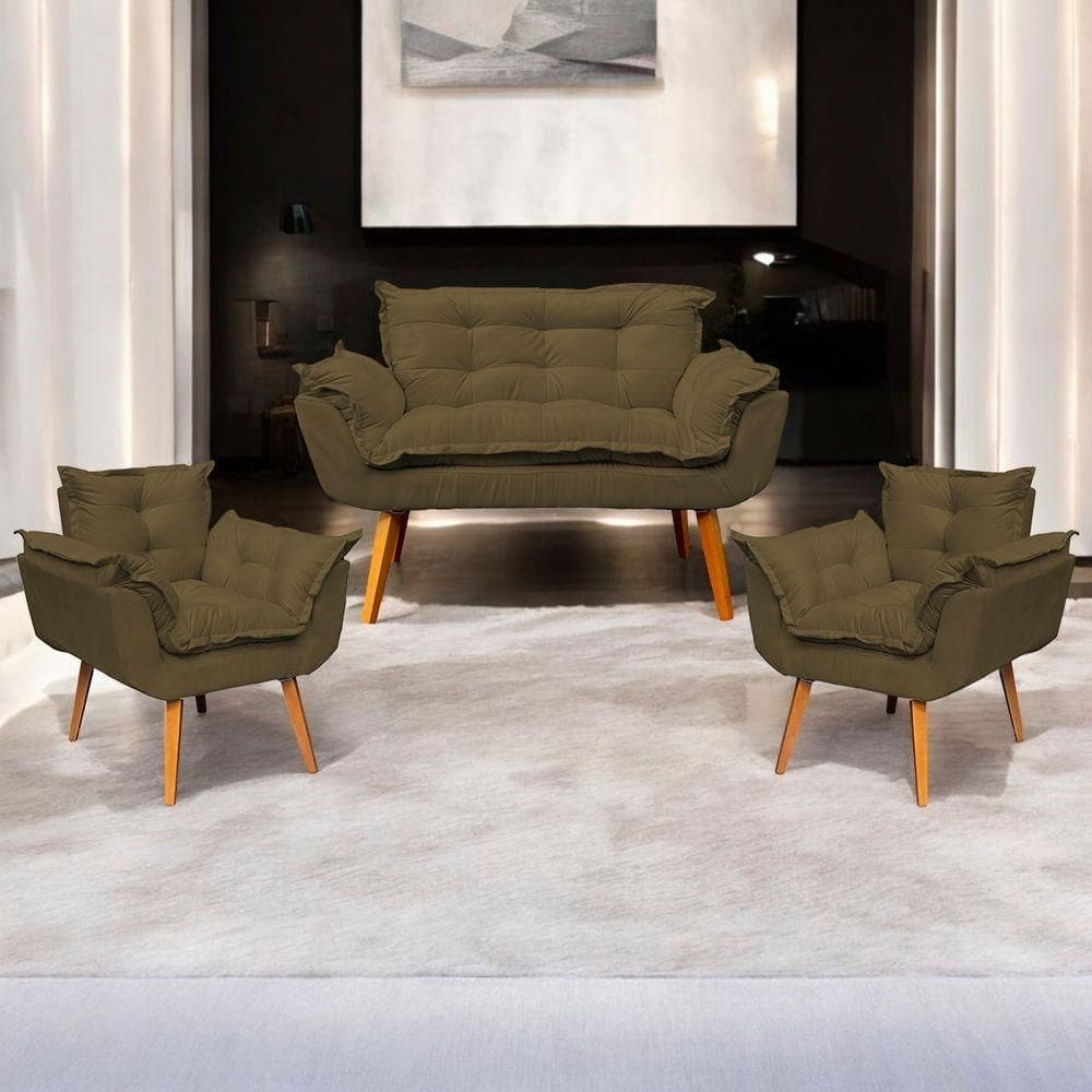 Kit Namoradeira Decorativa + 2 Poltronas Para Sala Recepção Manicure Consultório Alice Suede