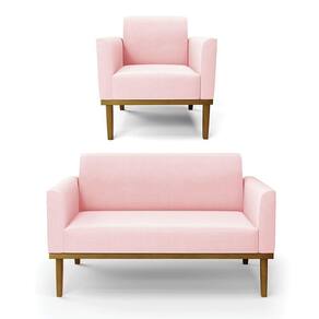 Sofá Namoradeira Com Poltrona Base De Madeira Fixa Castanho Marisa Suede D03 - D?rossi Cor Rosa Bebê