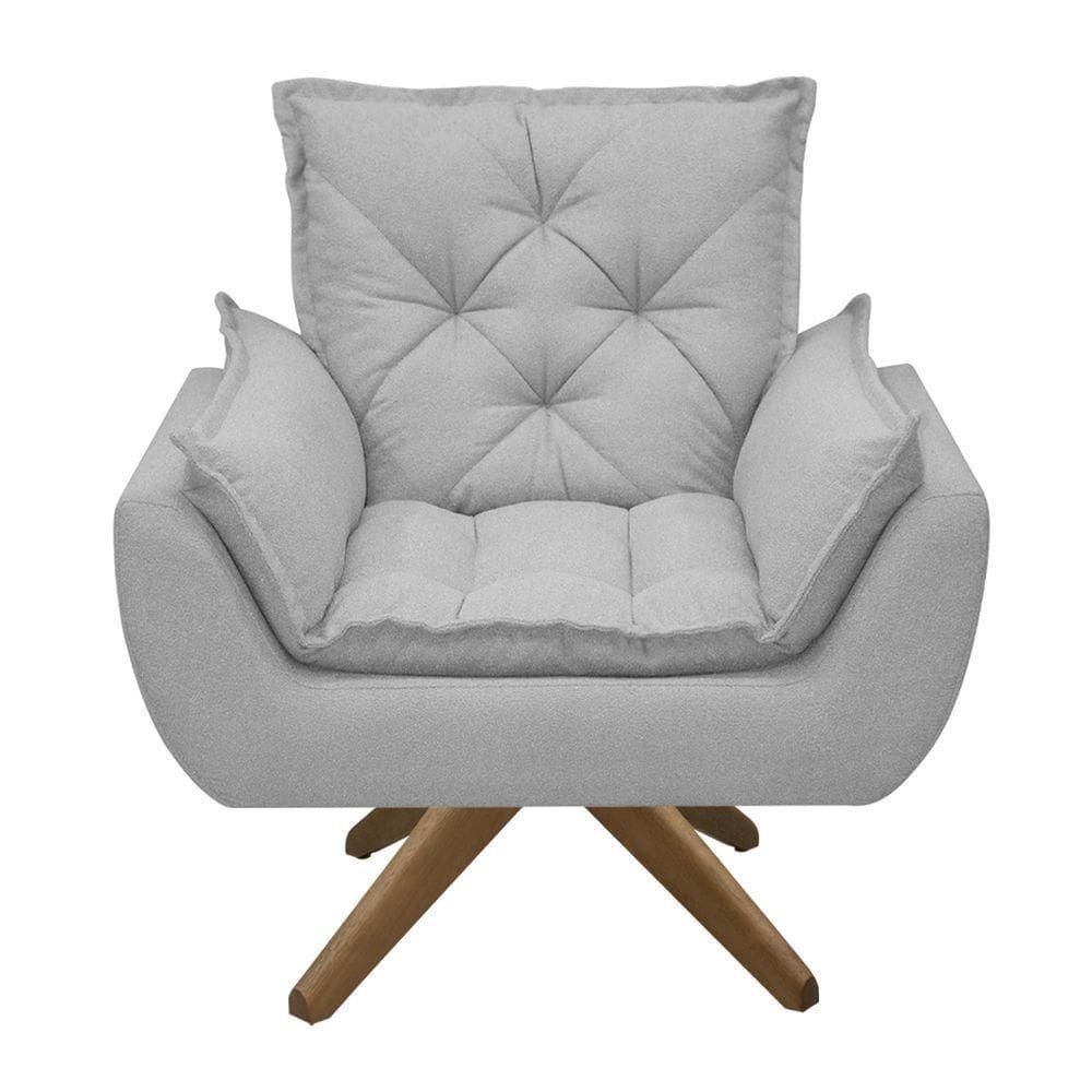 Poltrona Opala Conforto Base Giratória Madeira Tecido Boucle Cinza Escuro
