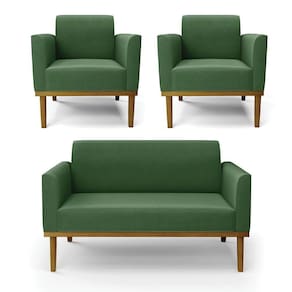 Sofá Namoradeira Com 2 Poltronas Base De Madeira Fixa Castanho Marisa Suede D03 - D?rossi Cor Verde