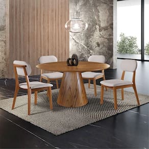 Conjunto Sala De Jantar Mesa Redonda E Cadeiras Maciça Cinamomo/linho Prata