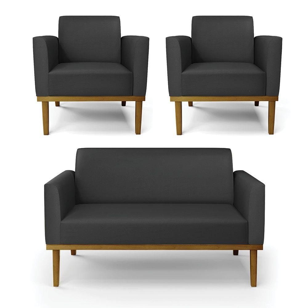 Sofá Namoradeira Com 2 Poltronas Base De Madeira Fixa Castanho Marisa Corino D03 - D?rossi Cor Preto