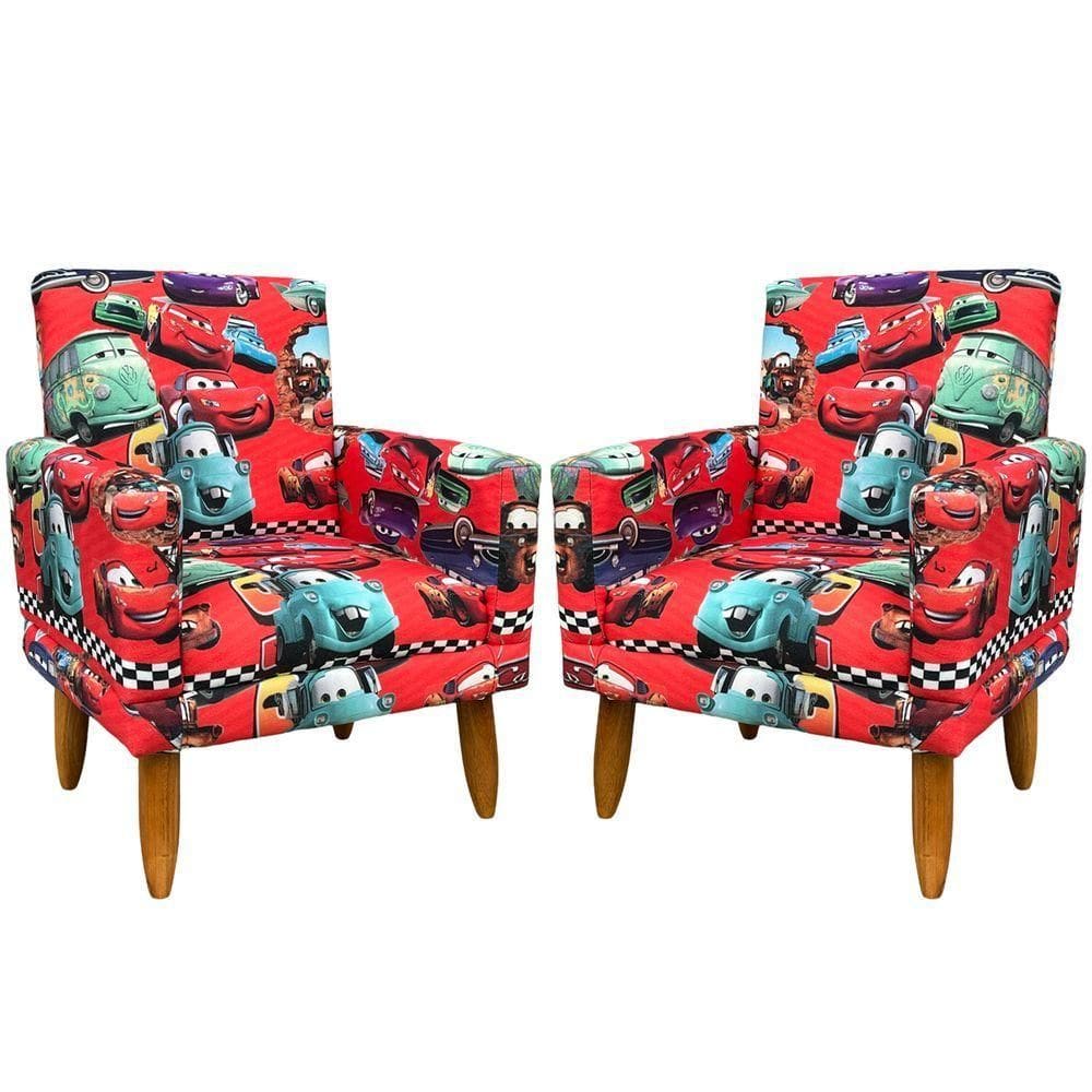 Kit 2 Poltronas Decorativa Infantil Confortável Para Quarto Suede Com Estampa Pés Castanhos