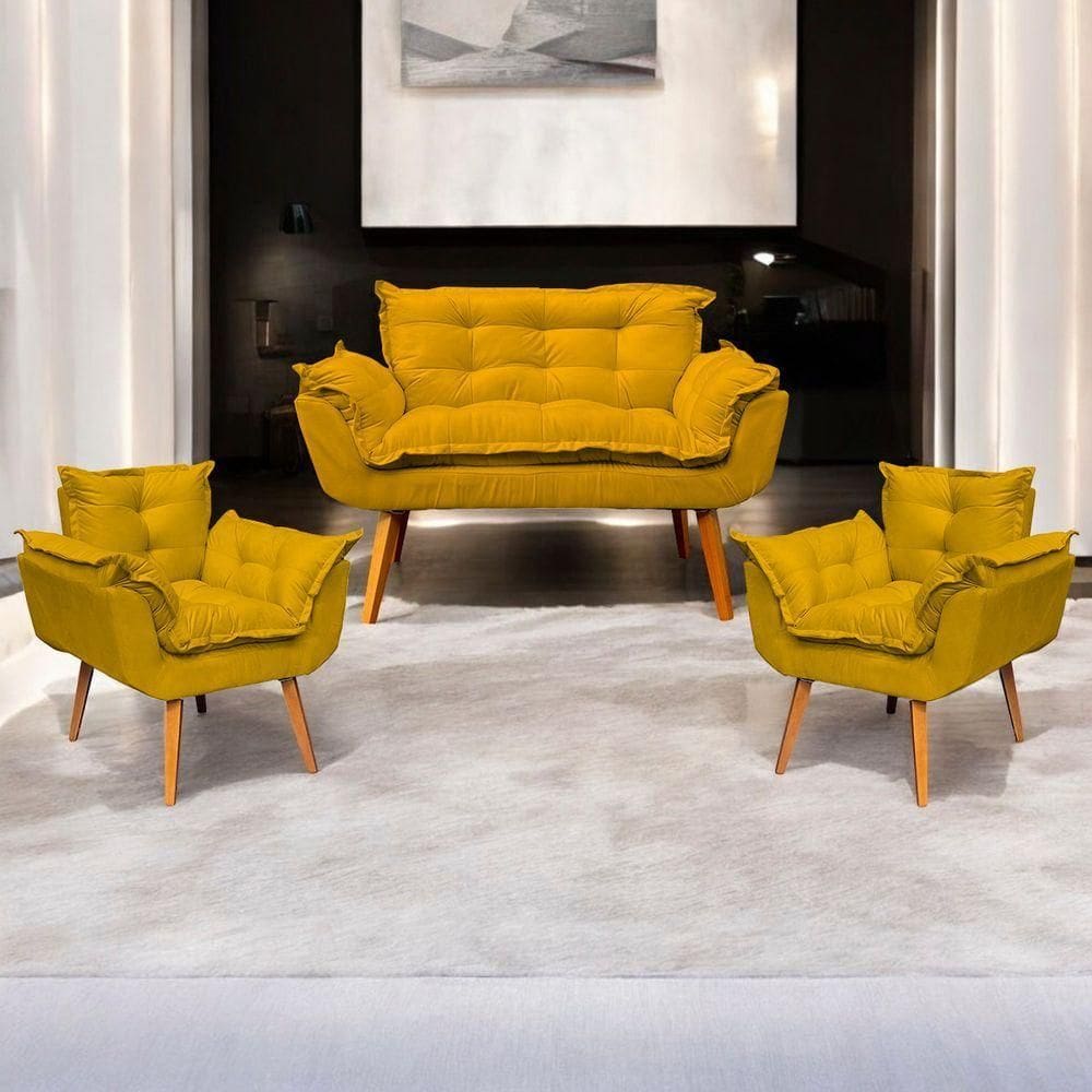 Kit Namoradeira Decorativa + 2 Poltronas Para Sala Recepção Manicure Consultório Alice Suede