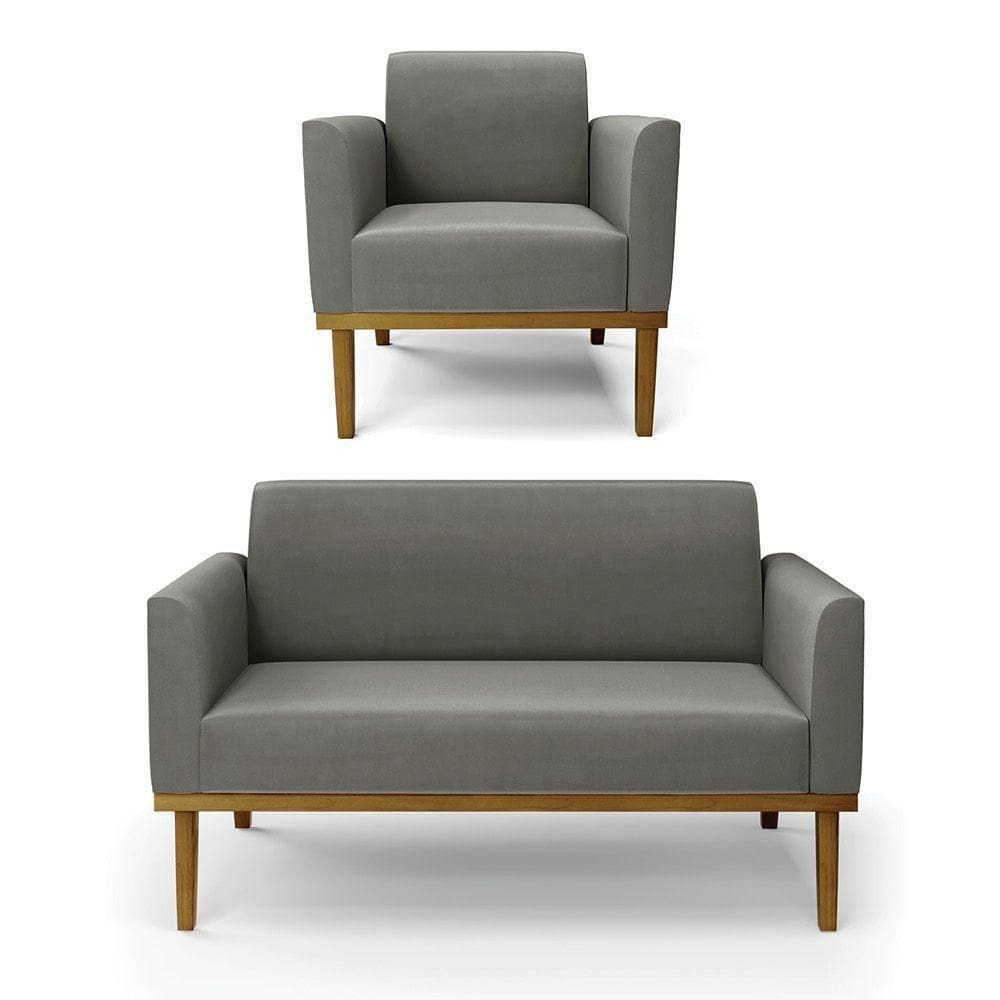 Sofá Namoradeira Com Poltrona Base De Madeira Fixa Castanho Marisa Suede D03 - D?rossi Cor Grafite