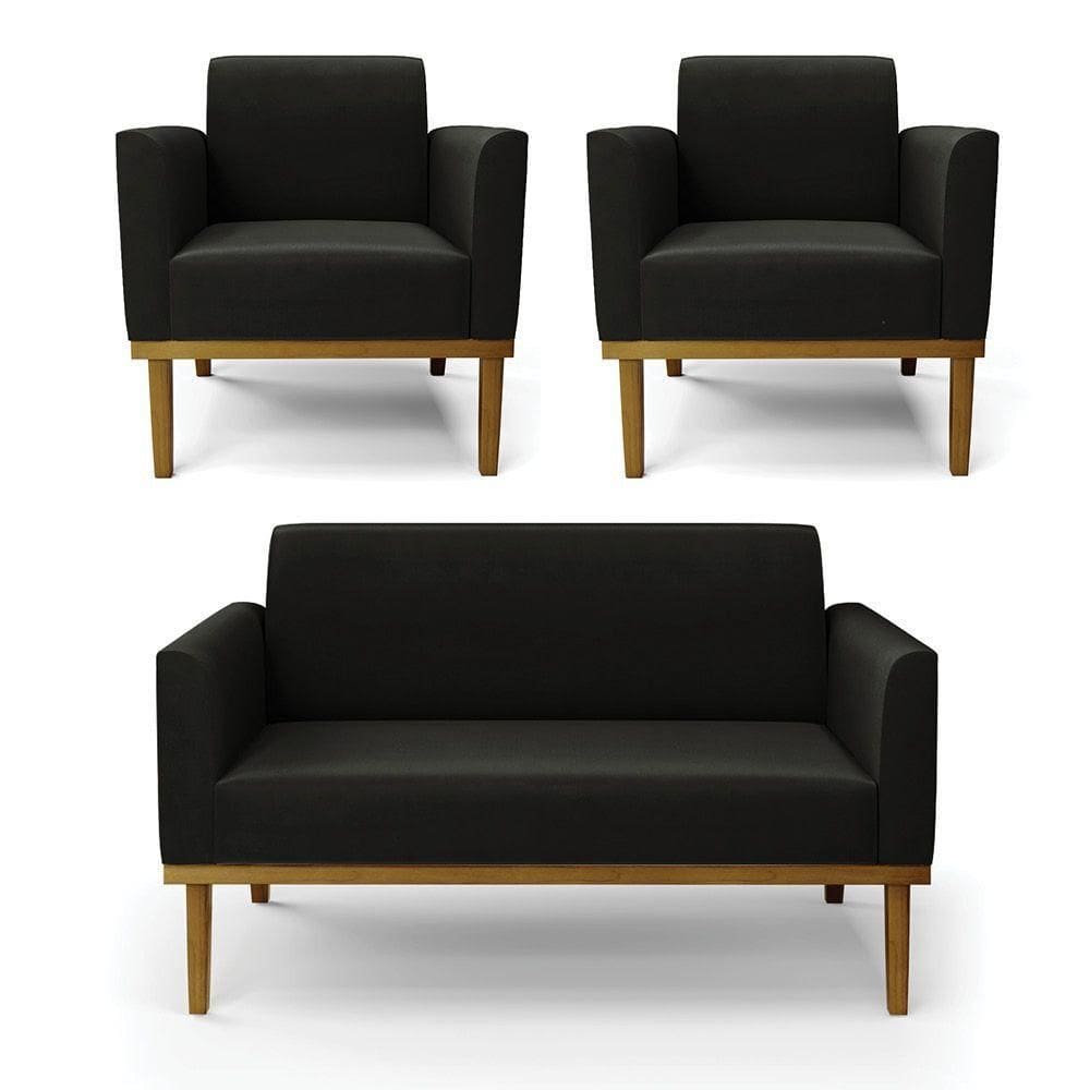 Sofá Namoradeira Com 2 Poltronas Base De Madeira Fixa Castanho Marisa Suede Preto D03 - D?rossi