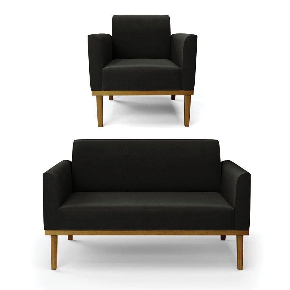 Sofá Namoradeira Com Poltrona Base De Madeira Fixa Castanho Marisa Suede Preto D03 - D?rossi