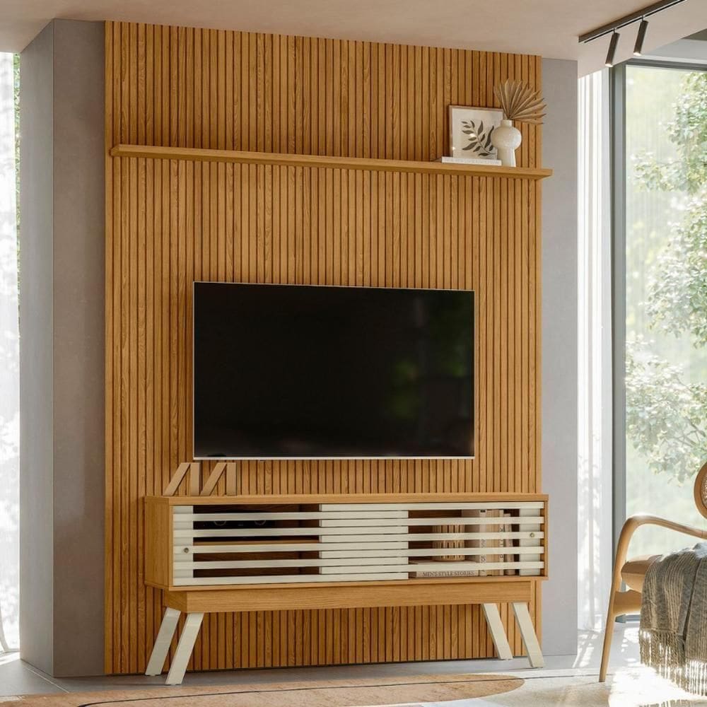 Conjunto Domo New Premium Painel C/ Rack E Rodízios Cumaru/opala
