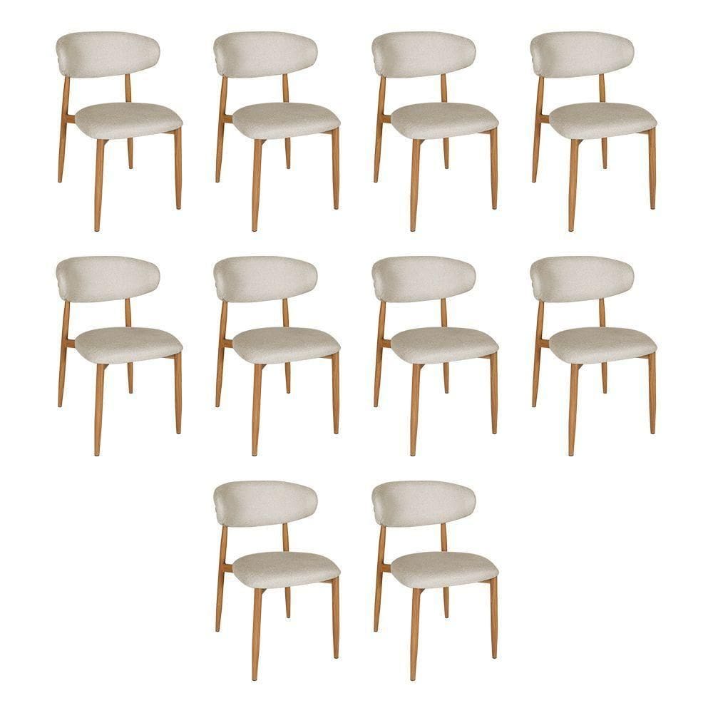 Kit 10 Cadeiras De Jantar Lucy Estrutura Aço Carbono Laminado Natural Com Estofado Linho Cru