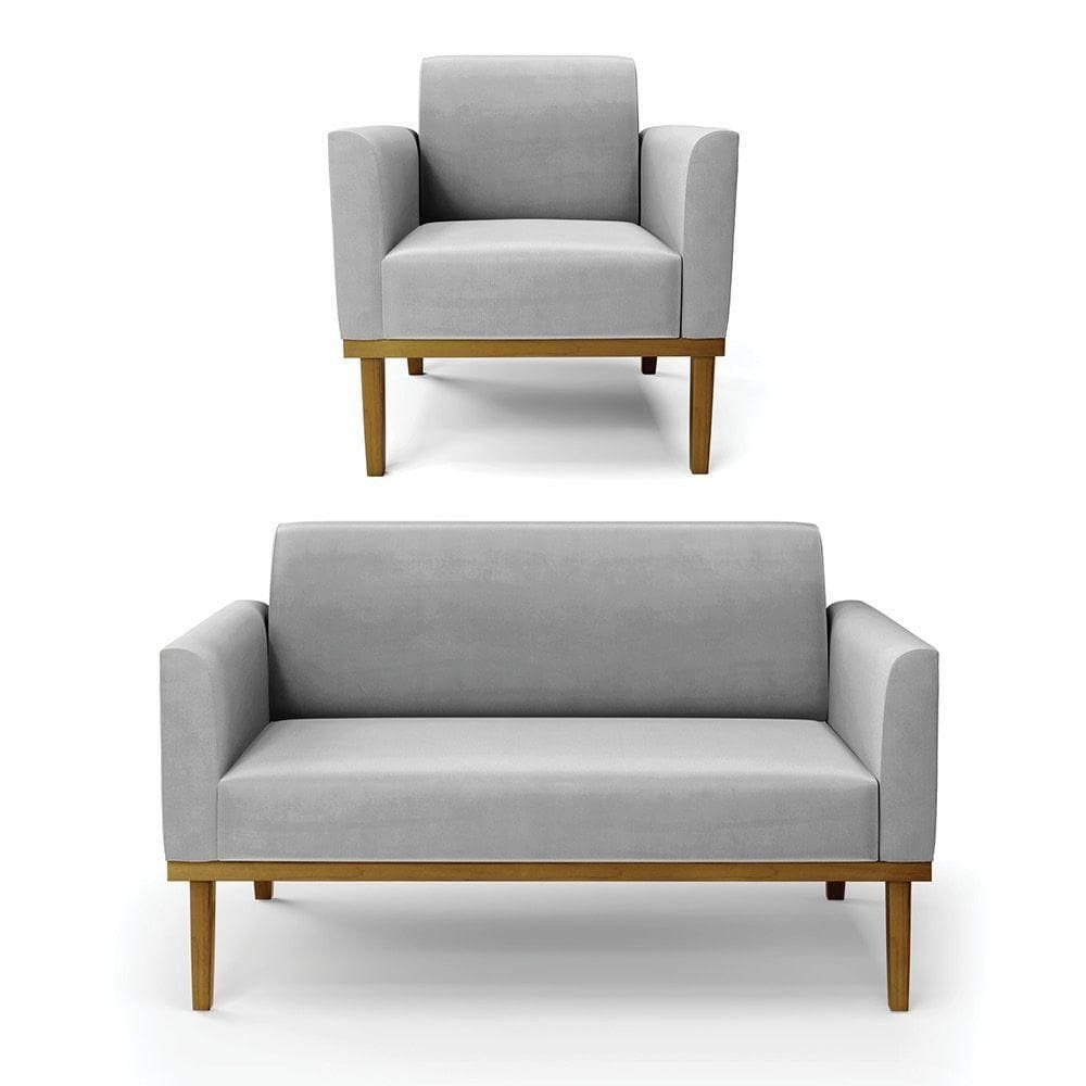 Sofá Namoradeira Com Poltrona Base De Madeira Fixa Castanho Marisa Suede D03 - D?rossi Cor Cinza
