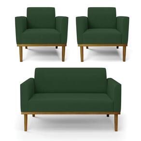 Sofá Namoradeira Com 2 Poltronas Base De Madeira Fixa Castanho Marisa Veludo D03 - D?rossi Cor Verde