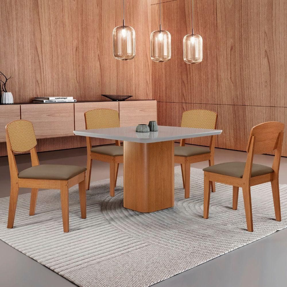 Mesa De Jantar Eloise 90cm Tampo Mdf 4 Cadeiras Moderna Veludo Capuccino/nat/off/serig. Off