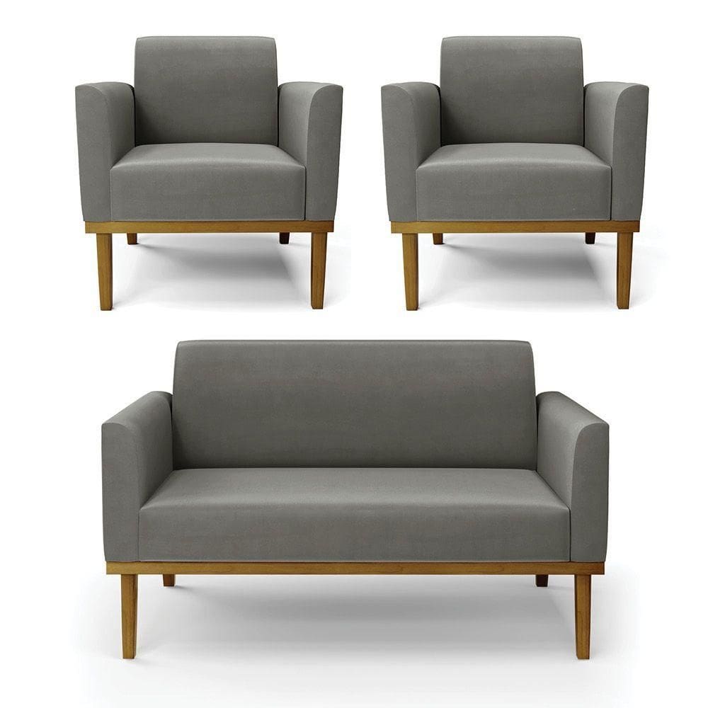 Sofá Namoradeira Com 2 Poltronas Base De Madeira Fixa Castanho Marisa Suede Grafite D03 - D?rossi