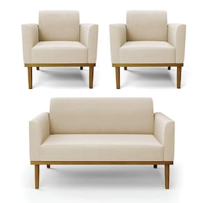 Sofá Namoradeira Com 2 Poltronas Base De Madeira Fixa Castanho Marisa Suede Bege D03 - D?rossi