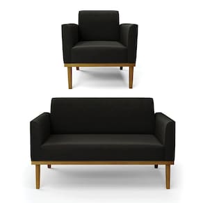 Sofá Namoradeira Com Poltrona Base De Madeira Fixa Castanho Marisa Suede D03 - D?rossi Cor Preto