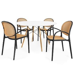 Conjunto Mesa De Jantar Redonda Eiffel Branca 120cm Com 4 Cadeiras Roma Com Braço - Preto