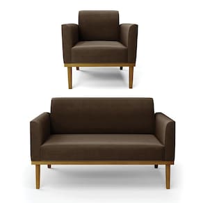 Sofá Namoradeira Com Poltrona Base De Madeira Fixa Castanho Marisa Suede Marrom D03 - D?rossi