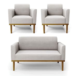 Sofá Namoradeira Com 2 Poltronas Base De Madeira Fixa Castanho Marisa Veludo D03 - D?rossi Cor Cinza