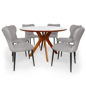 Conjunto Mesa De Jantar Redonda Marci Premium 120cm Branca Com 6 Cadeiras Jacobsen - Cinza