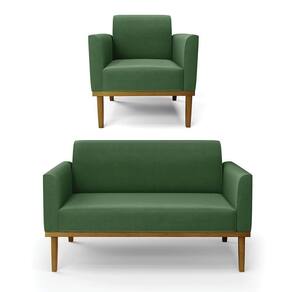 Sofá Namoradeira Com Poltrona Base De Madeira Fixa Castanho Marisa Suede Verde D03 - D?rossi