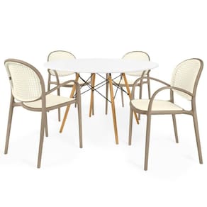 Conjunto Mesa De Jantar Redonda Eiffel Branca 120cm Com 4 Cadeiras Roma Com Braço - Branco/cinza Escuro