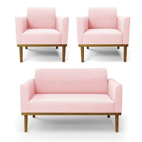 Sofá Namoradeira Com 2 Poltronas Base De Madeira Fixa Castanho Marisa Suede Rosa Bebê D03 - D?rossi