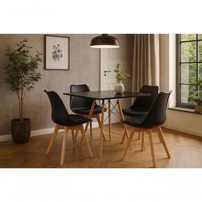 Mesa Eiffel Eames Elegante Cozinha Sala Jantar 80cm Quadrada E 4 Cadeiras Leda Wood Cor Preto