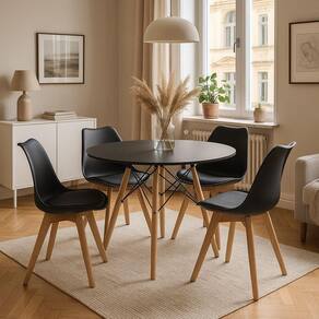 Conjunto Mesa Jantar Moderna Leda 90 Cm Com 4 Cadeiras Leda Elegante Preta.