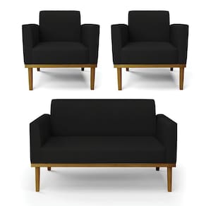 Sofá Namoradeira Com 2 Poltronas Base De Madeira Fixa Castanho Marisa Linho D03 - D?rossi Cor A79 Preto